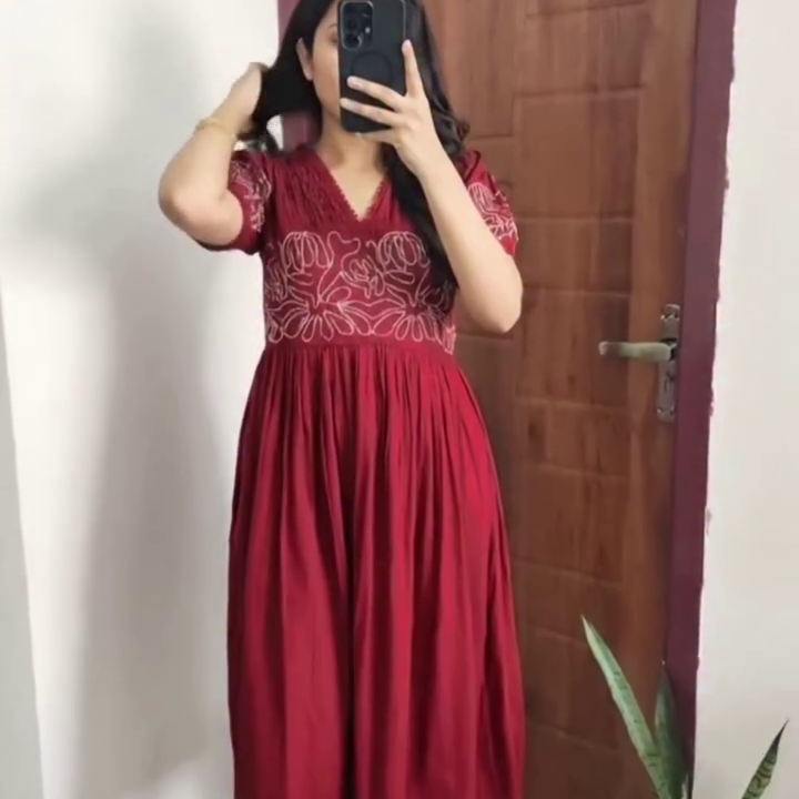 Wine Embroidered Maxi Dress with Ethnic Touch