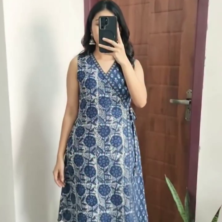 Blue Printed Wrap Dress with Modern Silhouette