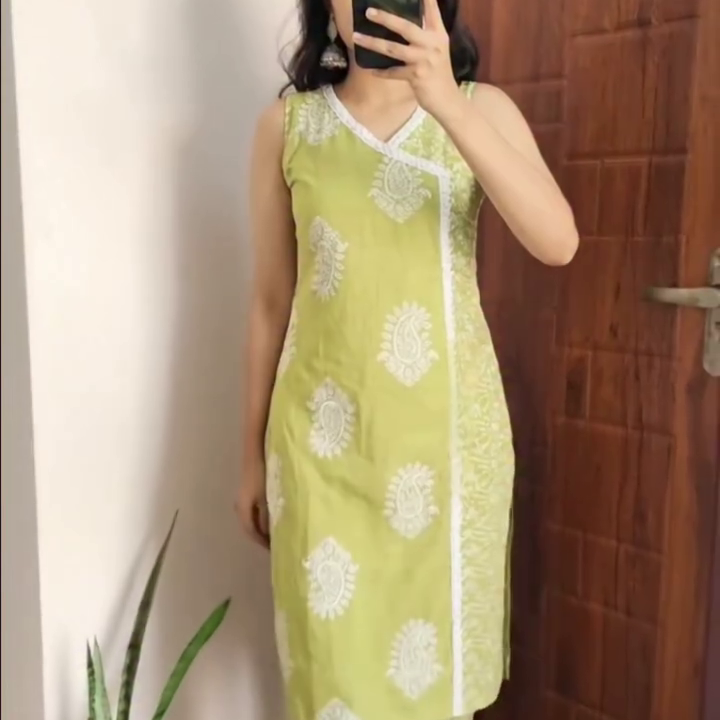 Lime Green Sleeveless Kurti with Ethnic Prints