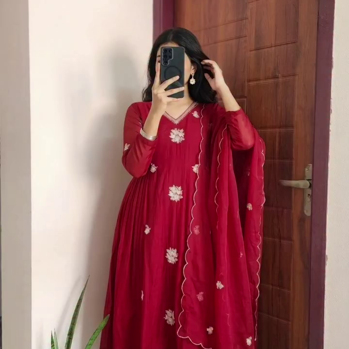 Crimson Anarkali Dress with Embroidered Dupatta
