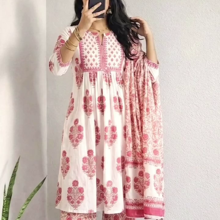 Blue & White Printed Kurta Set with Dupatta