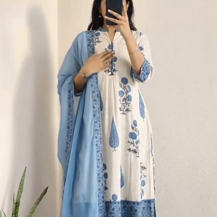 Blue & White Printed Kurta Set with Dupatta